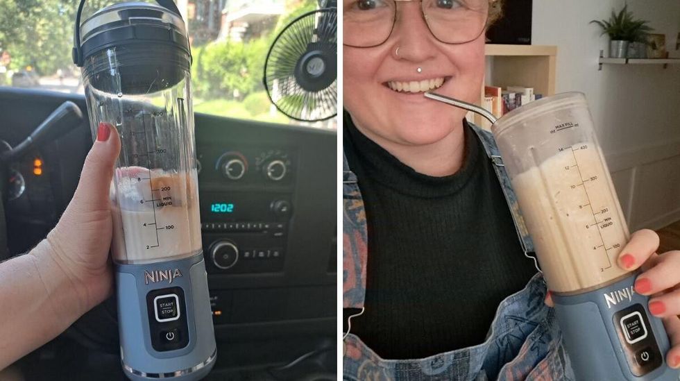 Milk and cold-brew ice-cubes in the Ninja Blast. Right: Louie Murray sips a blended iced coffee.