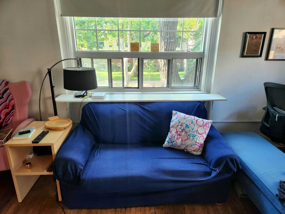 Sarah's living room before the Dollarama home decor upgrade.