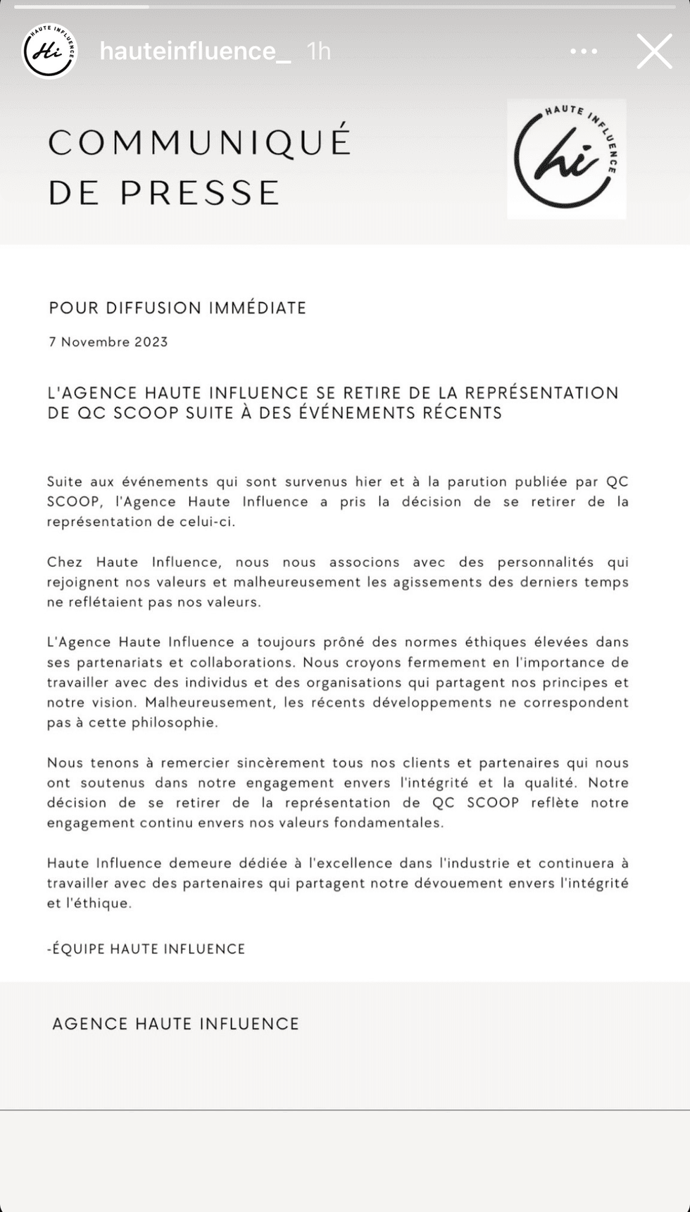 Communiqu\u00e9 de presse par Haute Influence.