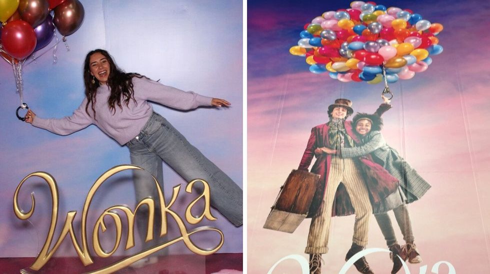 Mira holding balloons and flying in Wonka's immersive experience. Right: A poster from Wonka's film of the characters flying.