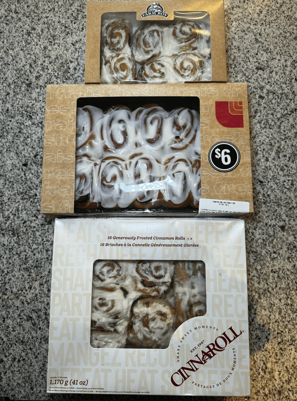 Costco, Loblaws and Farm Boy cinnamon rolls.
