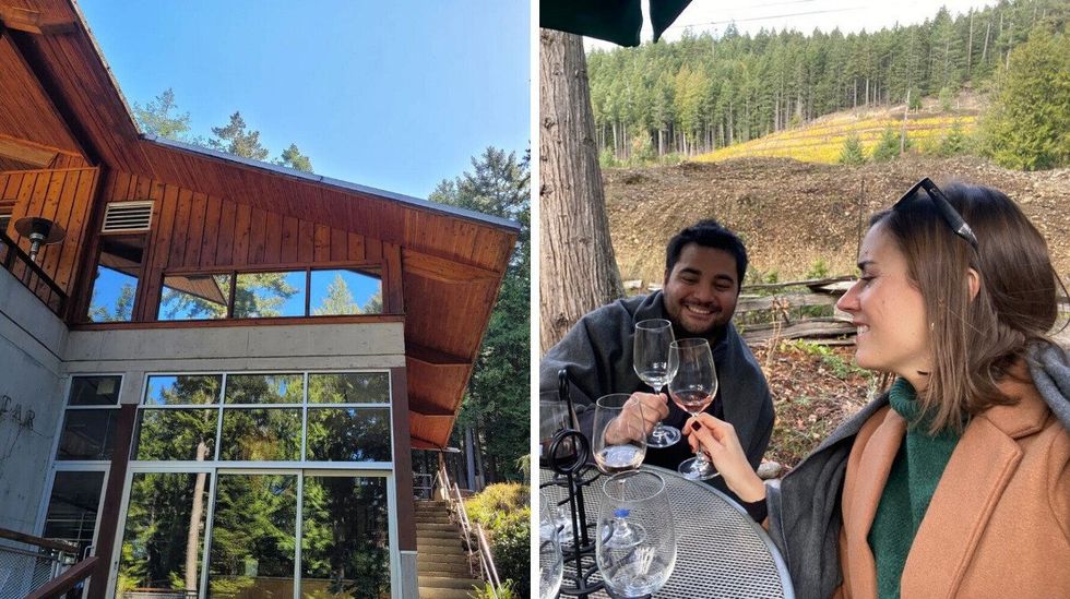 Sea Star Vineyards and Winery. Right: A man and woman clinking their wine glasses together.