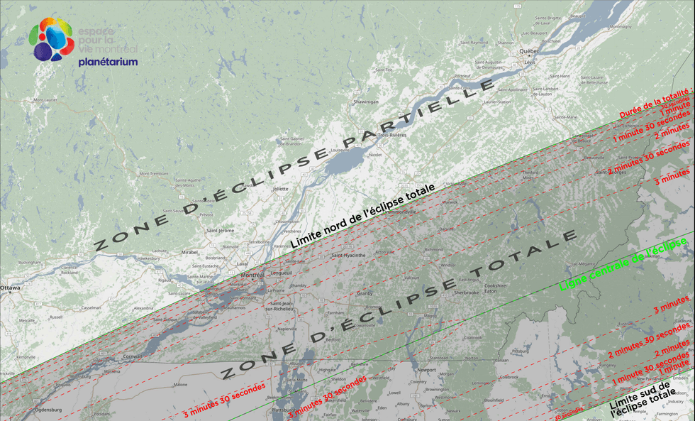 Capture d'\u00e9cran d'une carte g\u00e9ographique de la grande r\u00e9gion de Montr\u00e9al avec les dur\u00e9es de l'\u00e9clipse solaire totale du 8 avril 2024.