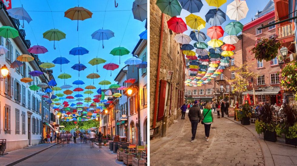 A street with umbrellas hanging overhead in old town Geneva, Switzerland. Right: A street with umbrellas hanging overhead in old Quebec City.