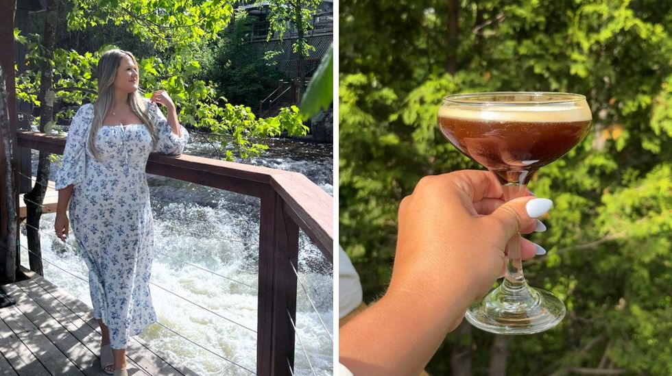 Izabelle Bee sur la passerelle devant la rivi\u00e8re Strom Spa Saint-Sauveur. Droite : Le cocktail au caf\u00e9 du Restaurant Nord.