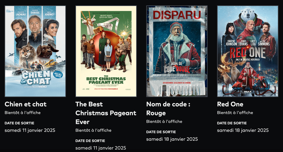 Les films \u00ab Chien et Chat \u00bb, \u00ab The Best Christmas Pageant Ever \u00bb et \u00ab Nom de code : Rouge \u00bb sur la page Films en famille de Cineplex.