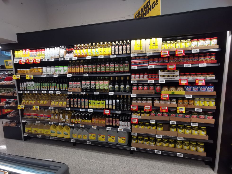 An section of oils and non-perishables.