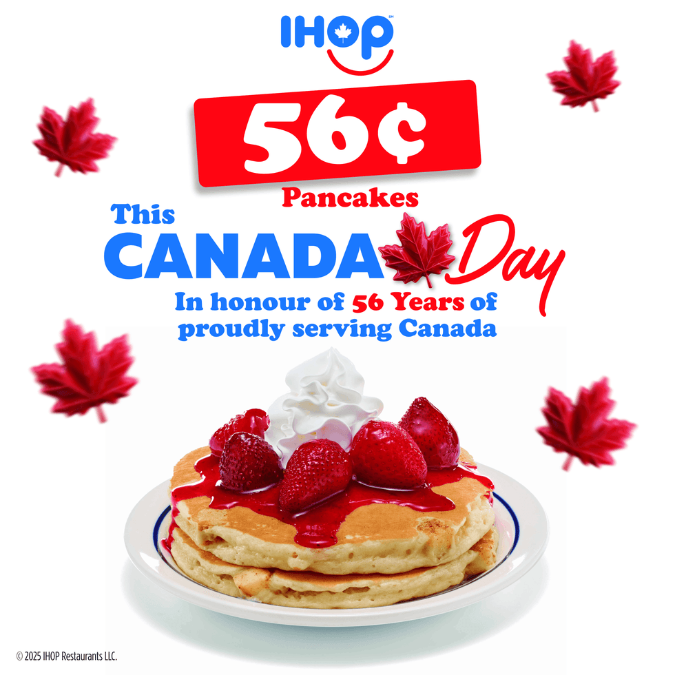 A promotional image of the Canada Day 56 cents pancake offer.