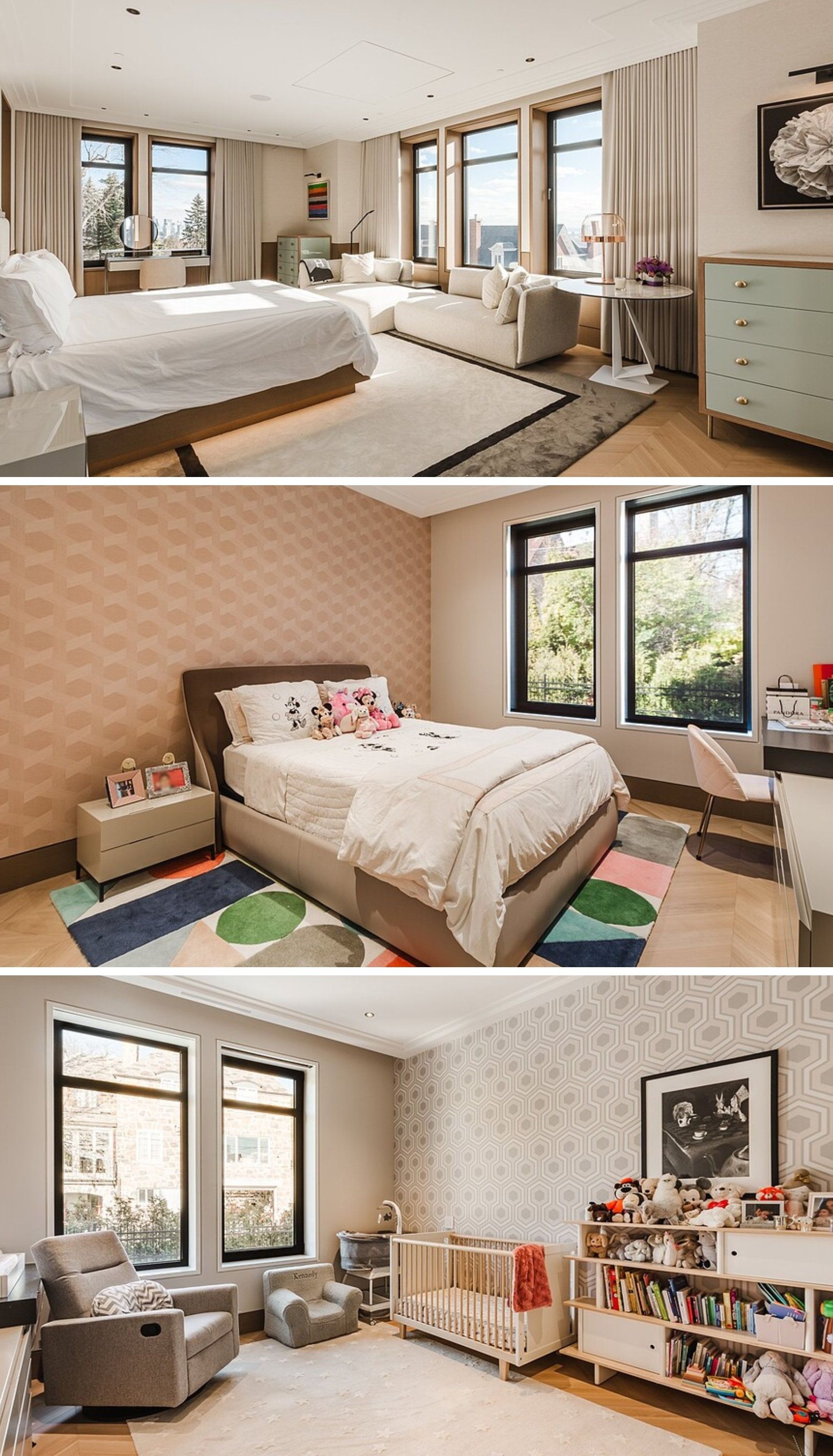 Haut : la suite parentale. Centre : une chambre d'enfant. Bas : une chambre pour b\u00e9b\u00e9. 