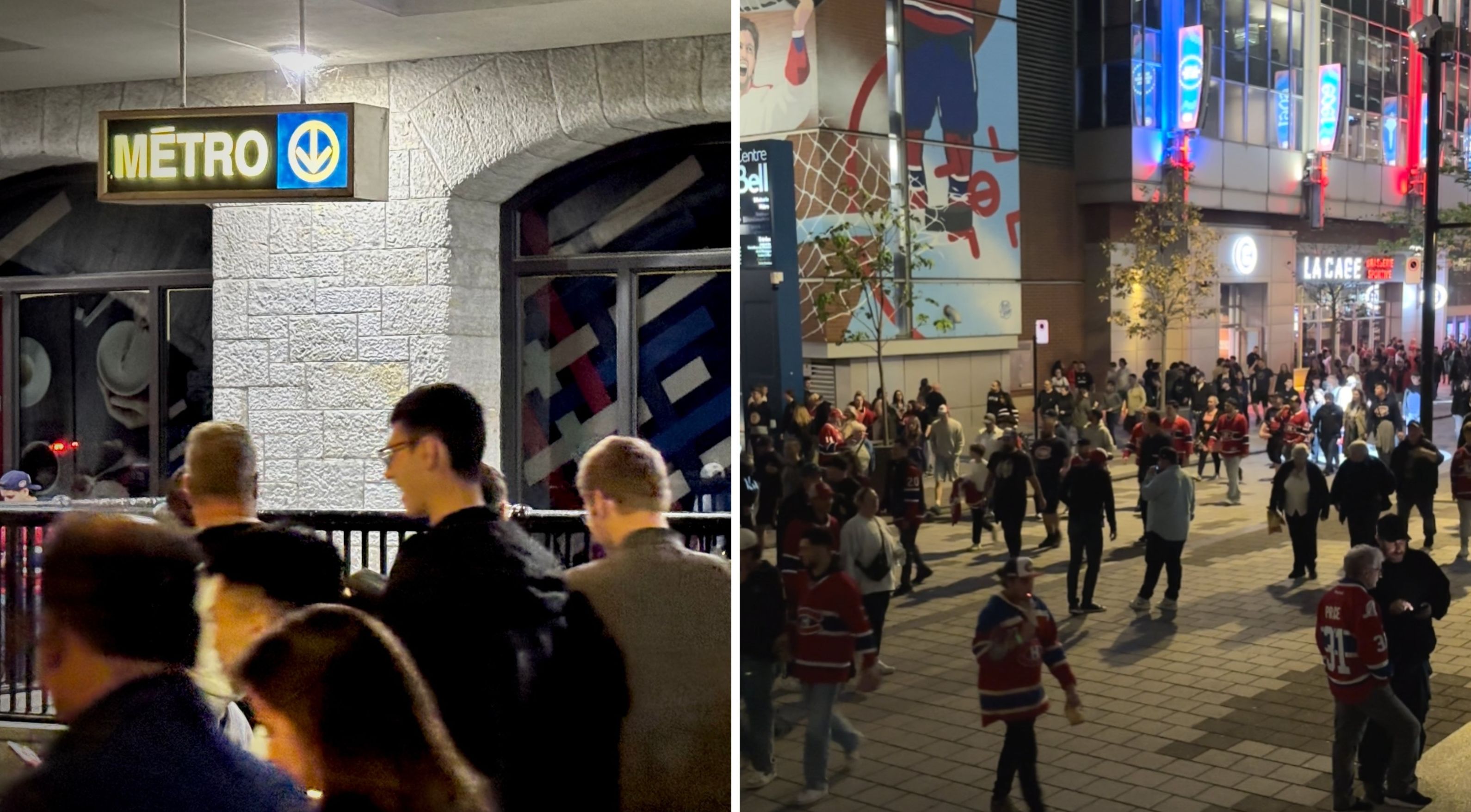 Des gens pr\u00e8s d'une entr\u00e9e de m\u00e9tro. Droite : des gens devant le Centre Bell.