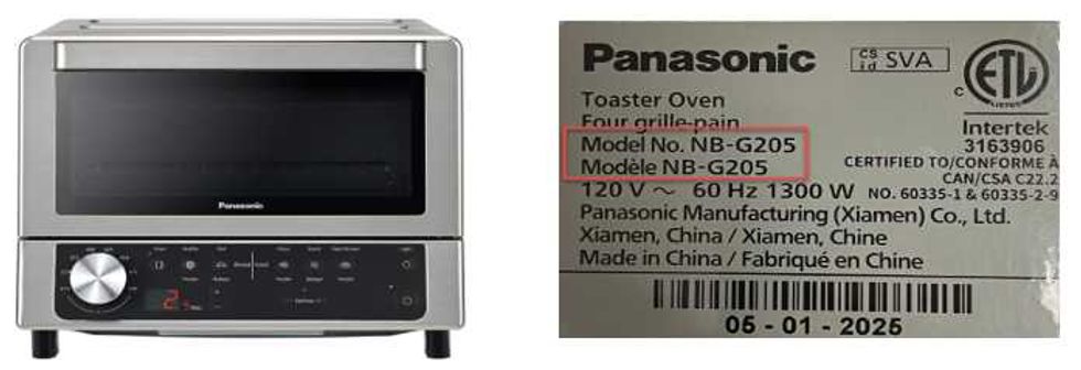 front of recalled Panasonic Model NB-G205 Electric Toaster Oven and product label