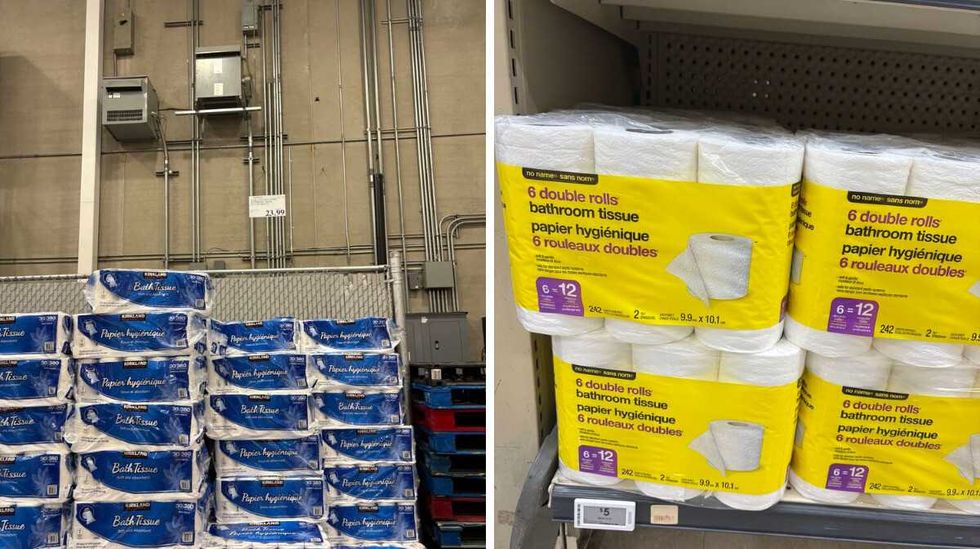 packs of Kirkland Signature toilet paper. Right: packs of No Name toilet paper.