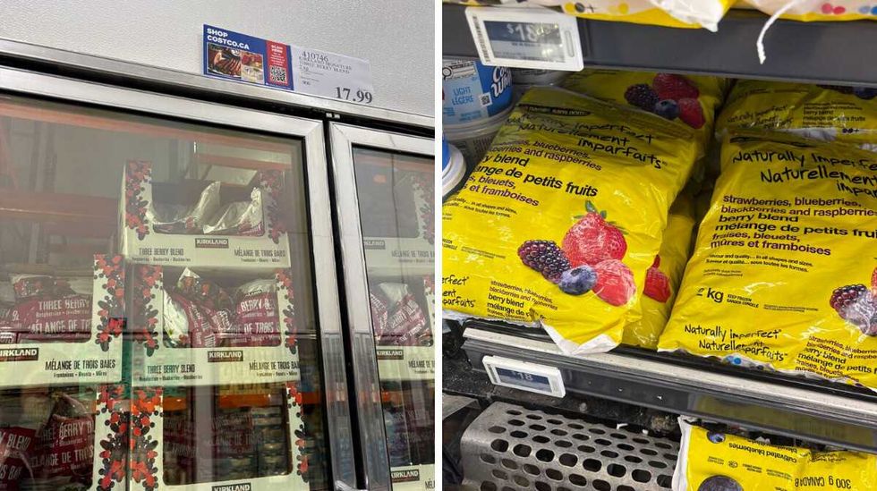 bags of \u200bKirkland Signature frozen berry blend. Right: bags of No Name frozen berry blend.