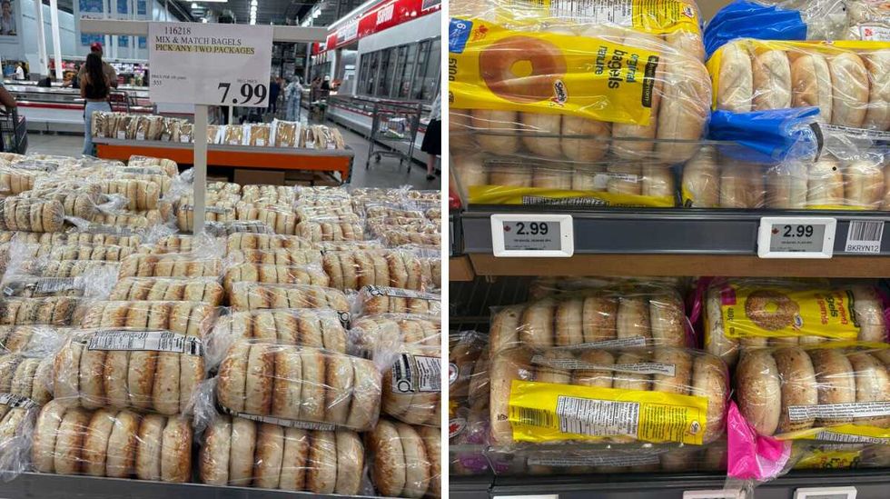 bags of \u200bKirkland Signature bagels. Right: bags of No Name bagels.