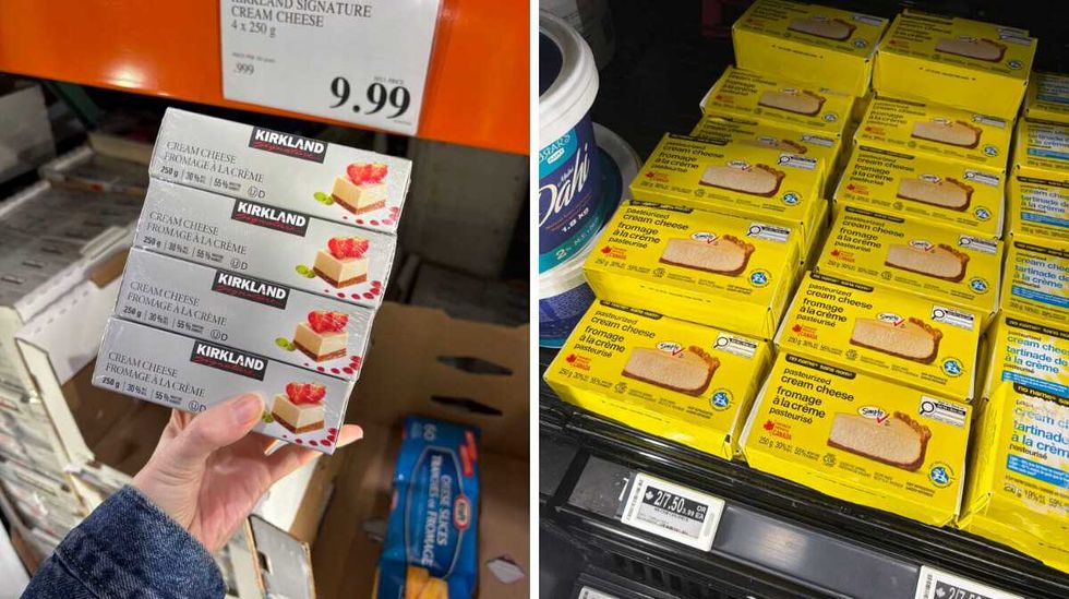person holding pack of \u200bKirkland Signature cream cheese. Right: blocks of No Name cream cheese.