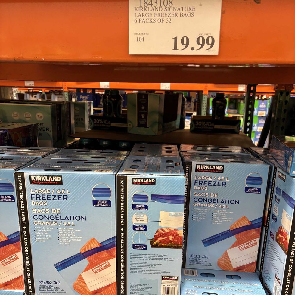 boxes of \u200b\u200bKirkland Signature large freezer bags at Costco.