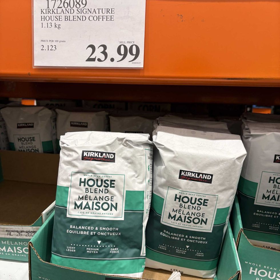 bags of \u200b\u200bKirkland Signature house blend coffee at Costco.