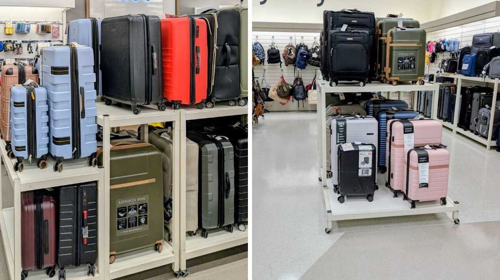 Row of hard-shell and soft-shell suitcases on display shelves inside a Winners store.