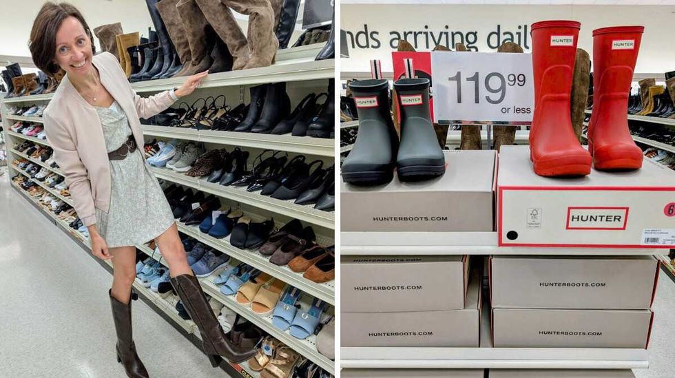 Alona trying on tall leather boots at Winners. Right: Display of black and red Hunter rain boots on shoe boxes.