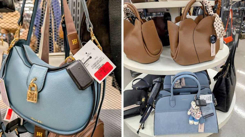 A light blue bag with gold lock detail. Right: A selection of bags at Winners.