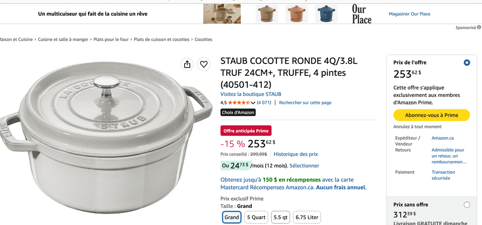 La cocotte ronde Staub de 24 centim\u00e8tres sur Amazon Canada.