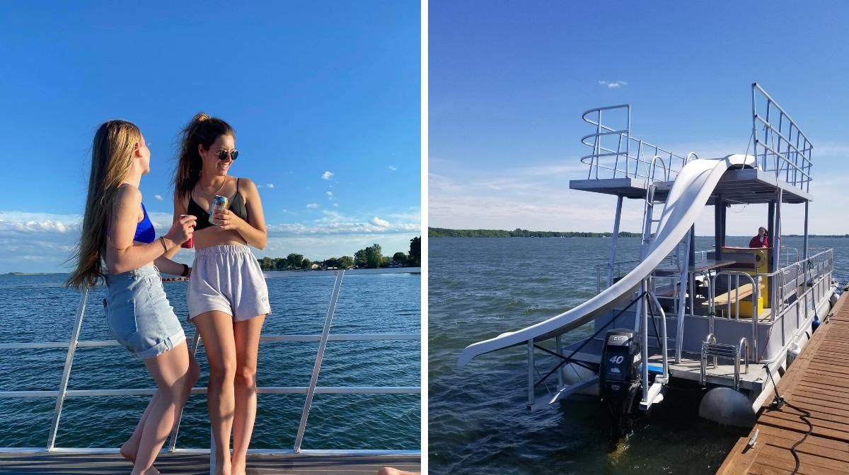 Tu peux louer ce ponton à deux étages avec une glissade pour 12 personnes