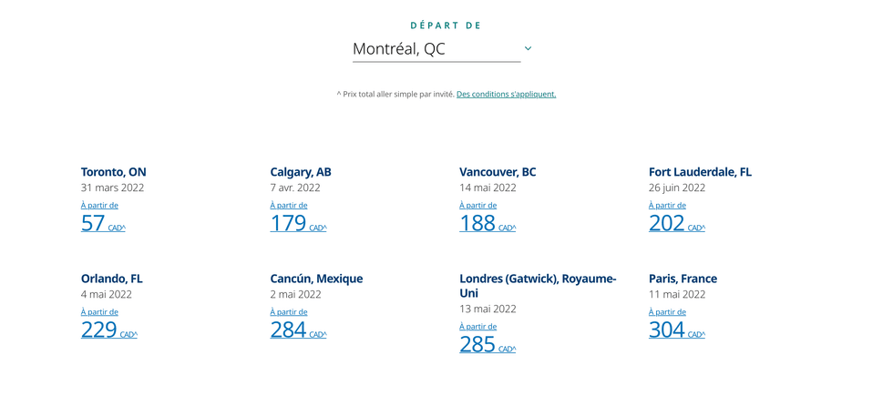 Prix de vols WestJet, mars 2022.