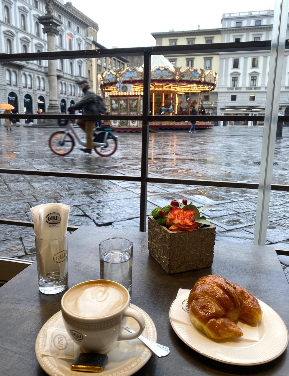 A morning cappuccino and croissant in Florence, Italy.