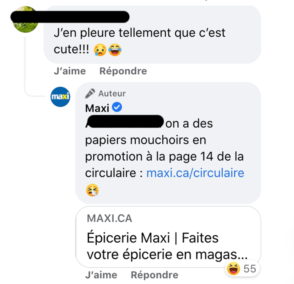 R\u00e9actions sur la page Facebook de Maxi.