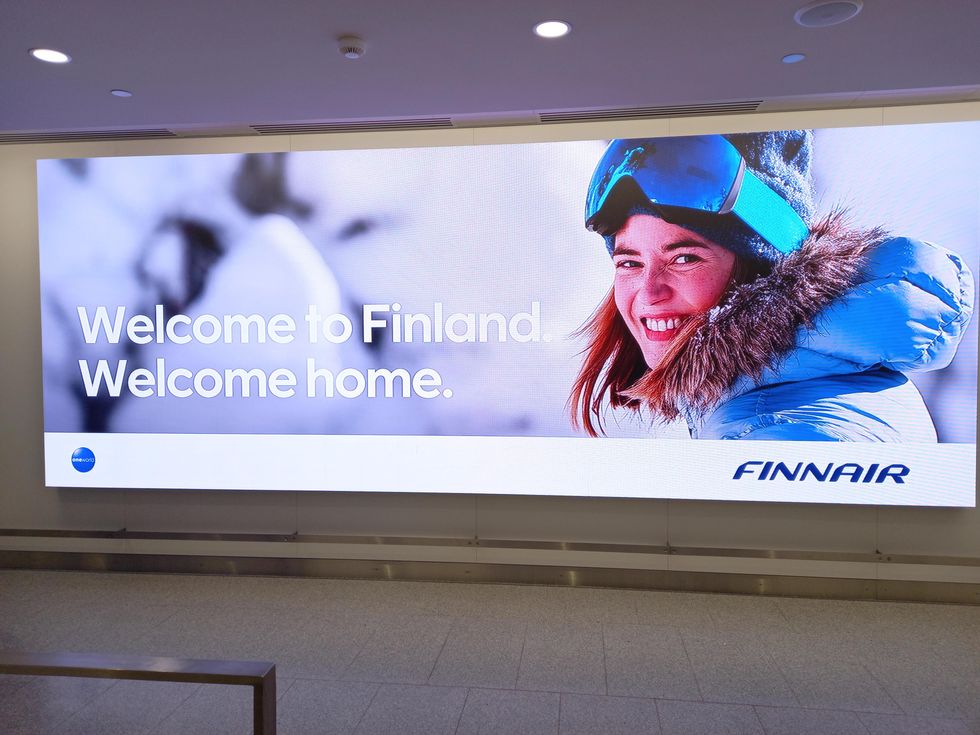 A welcome sign at the Helsinki airport.