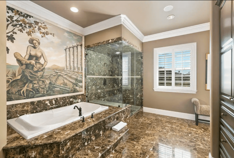 A painting of a nude figure in a bathroom with brown marbled stone accents.
