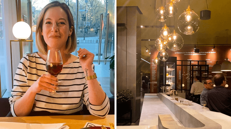 Femme avec verre de vin. Droite : Blanc Bec.