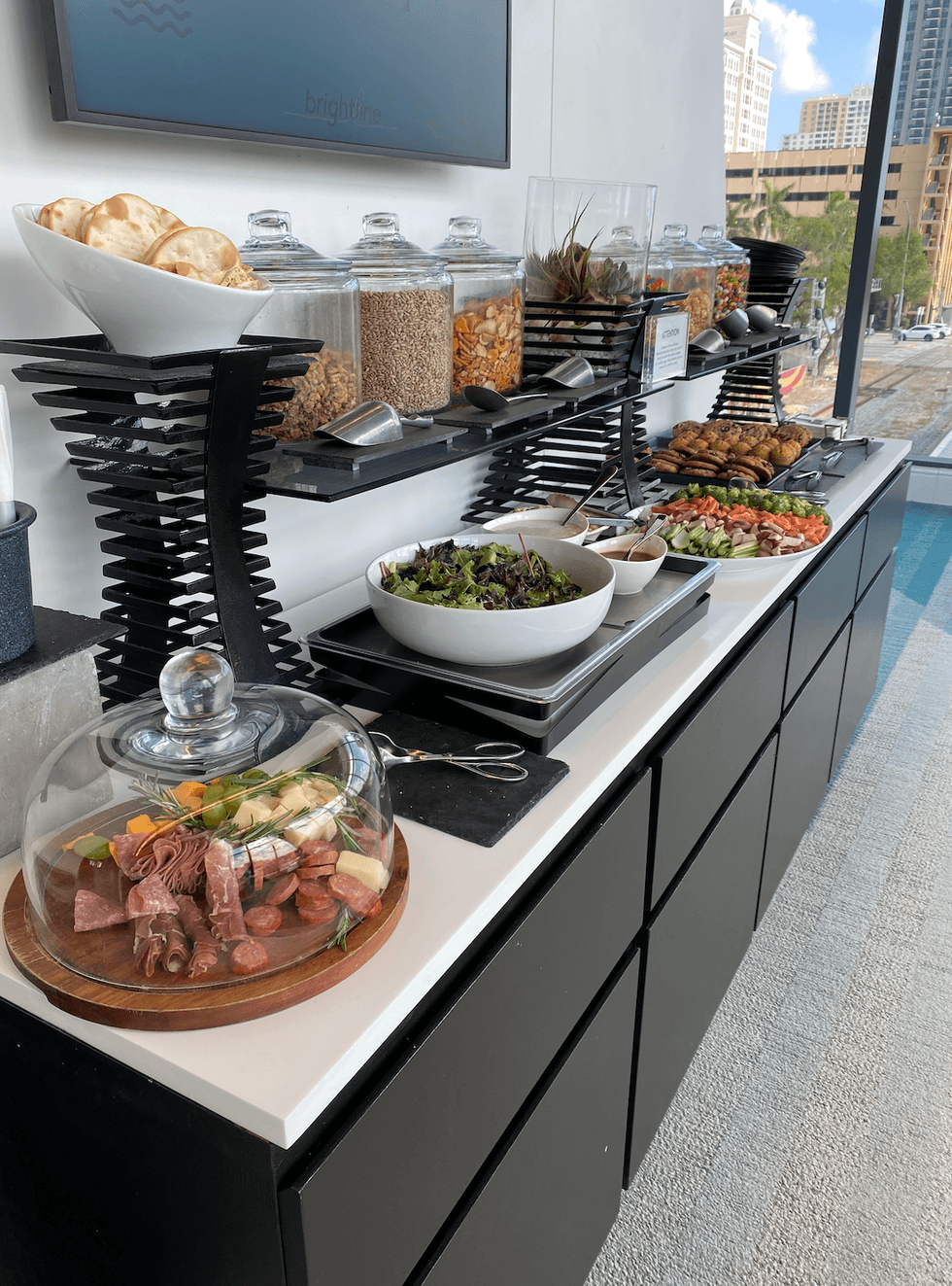 The food area in the Premium lounge at the Brightline train station.
