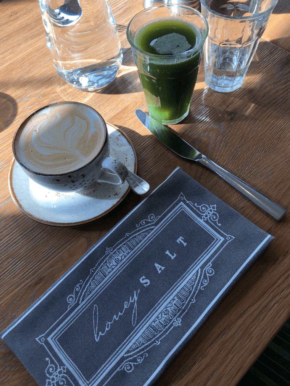 Latte and green juice.