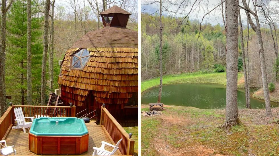 The jacuzzi and the geodesic dome house. Right: The pond on the property.