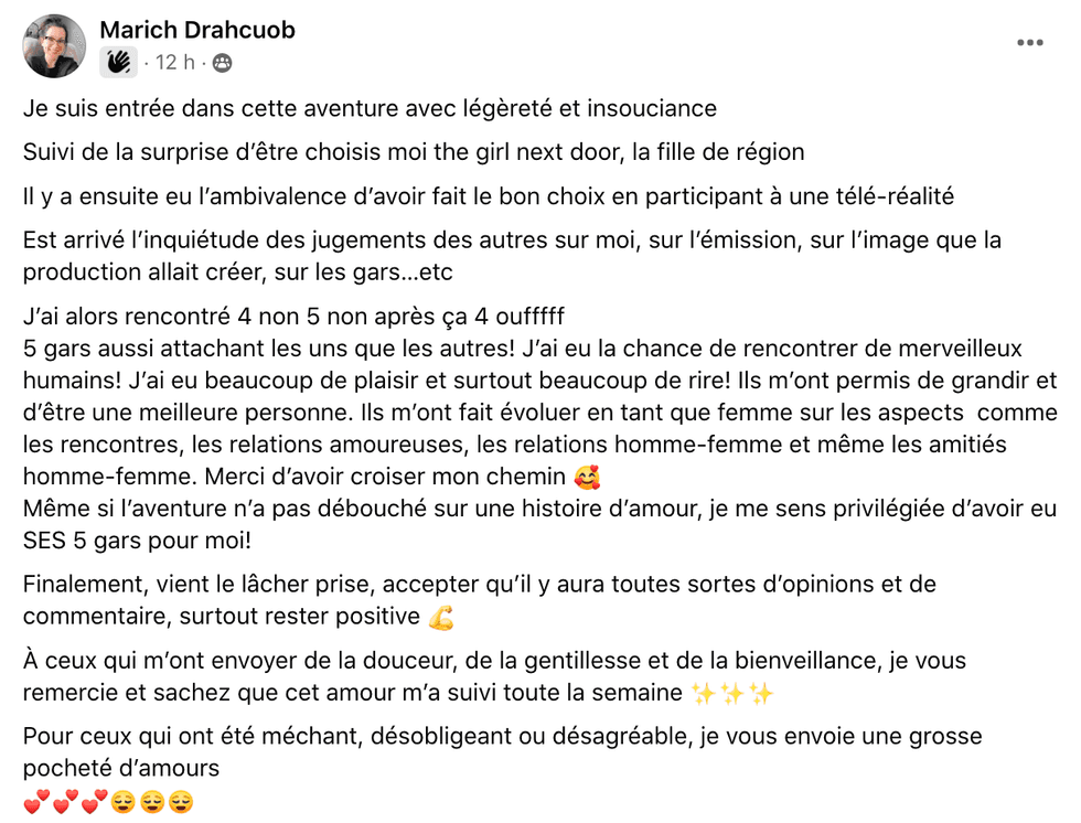 Message de Marie-Mich\u00e8le de 5 gars pour moi.