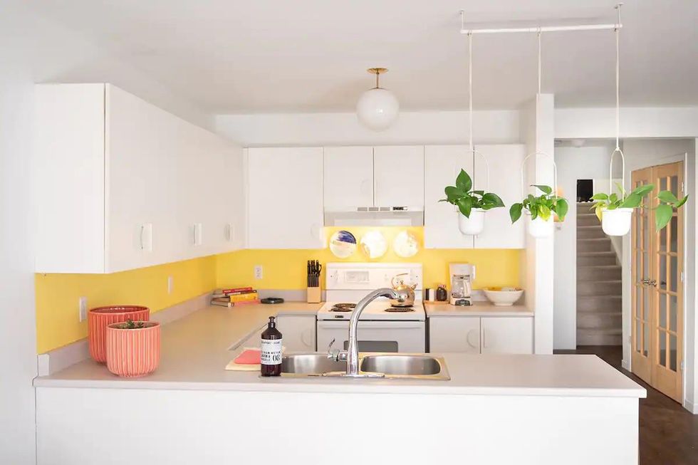 Open concept kitchen with live plants and pops of colour.
