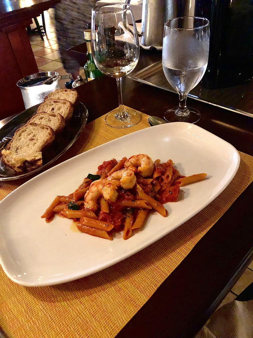 Penne pasta with spot prawns.