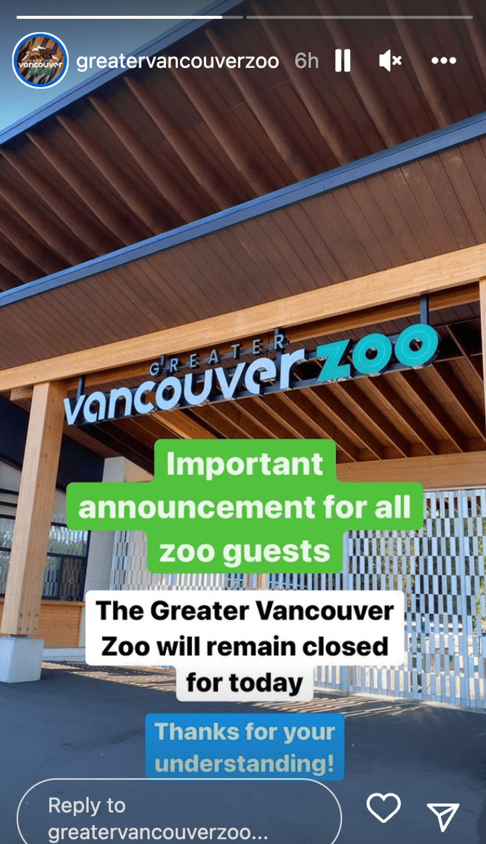 Greater Vancouver Zoo Instagram story.