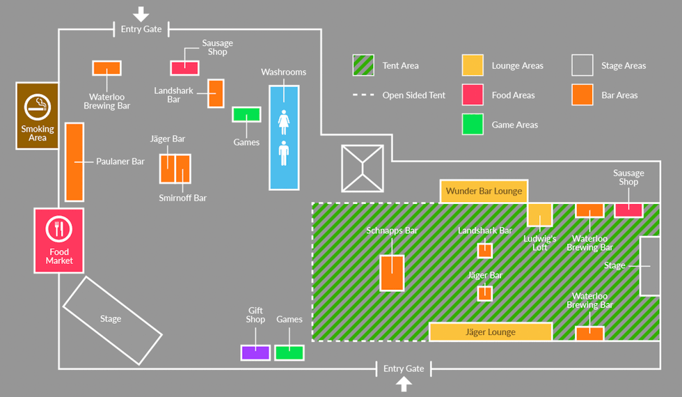 Map including bars, lounges, stages and game areas at Bingemans Oktoberfest.
