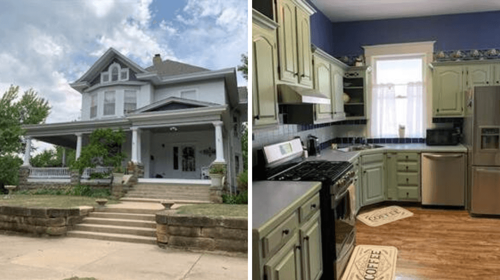 The exterior of the Independence, KS house. Right: The kitchen with green cabinets inside of the Independence, KS house.