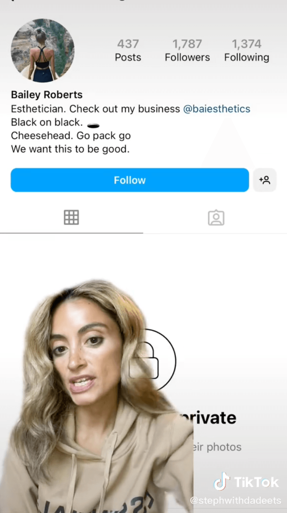 A TikToker discussing Bailey Roberts' private Instagram profile.