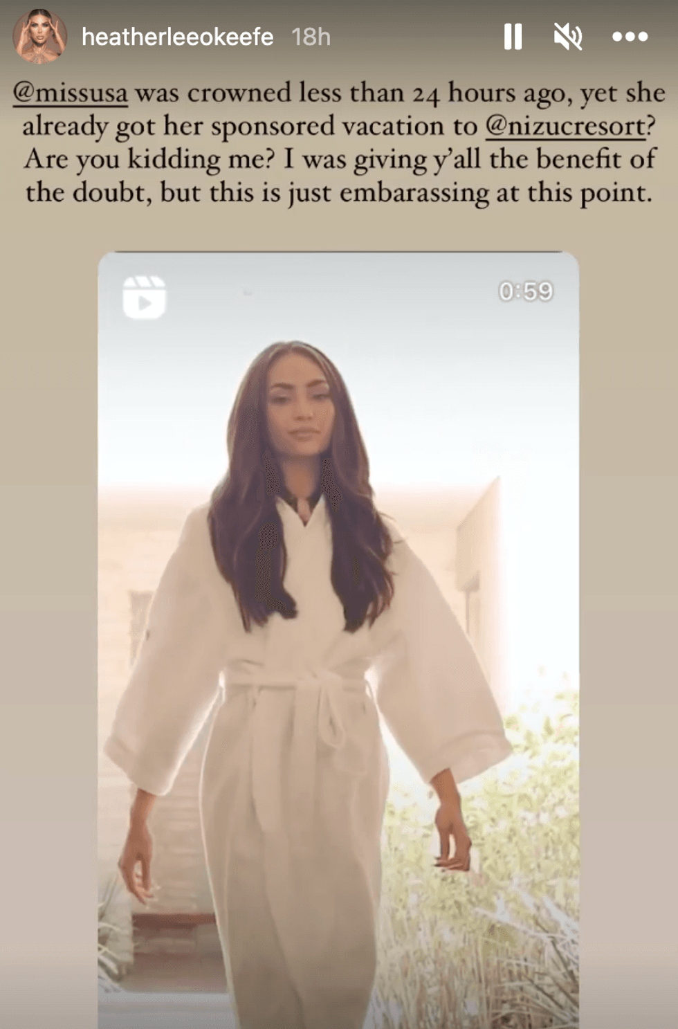 Miss Montana Heather Lee O'Keefe Instagram story on Miss USA 2022 competition.
