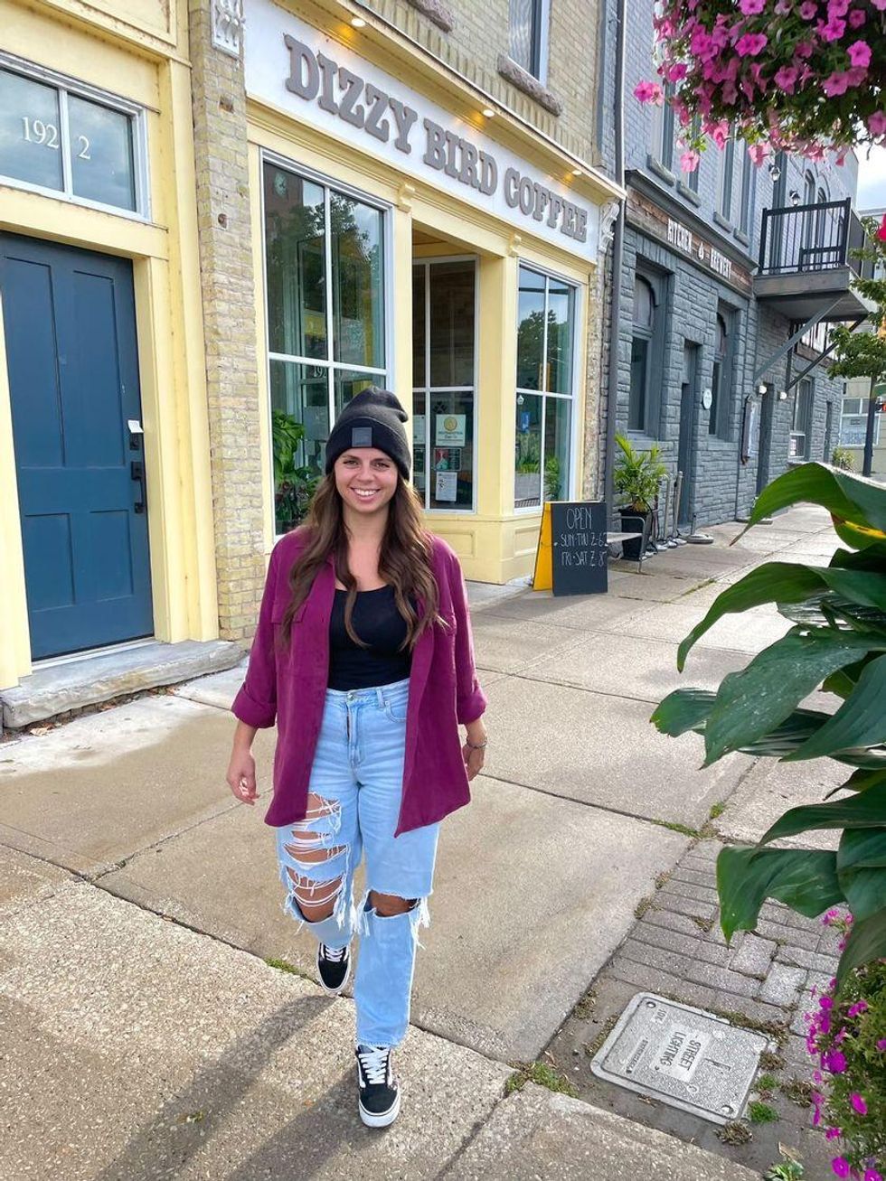 Marie walking down the street in Southampton, Ontario.