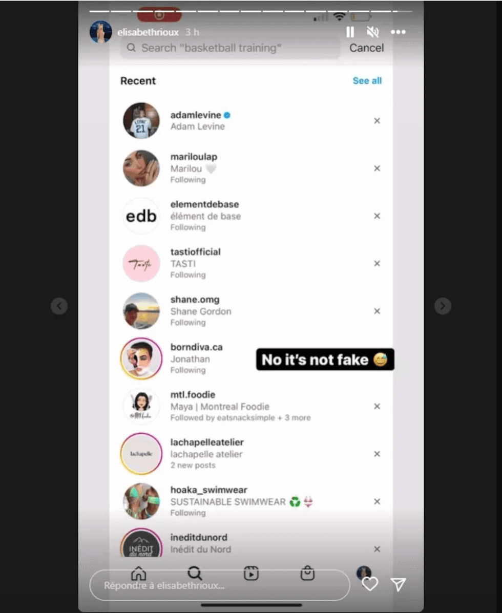 Elisabeth Rioux's Instagram story showing her recent searches.
