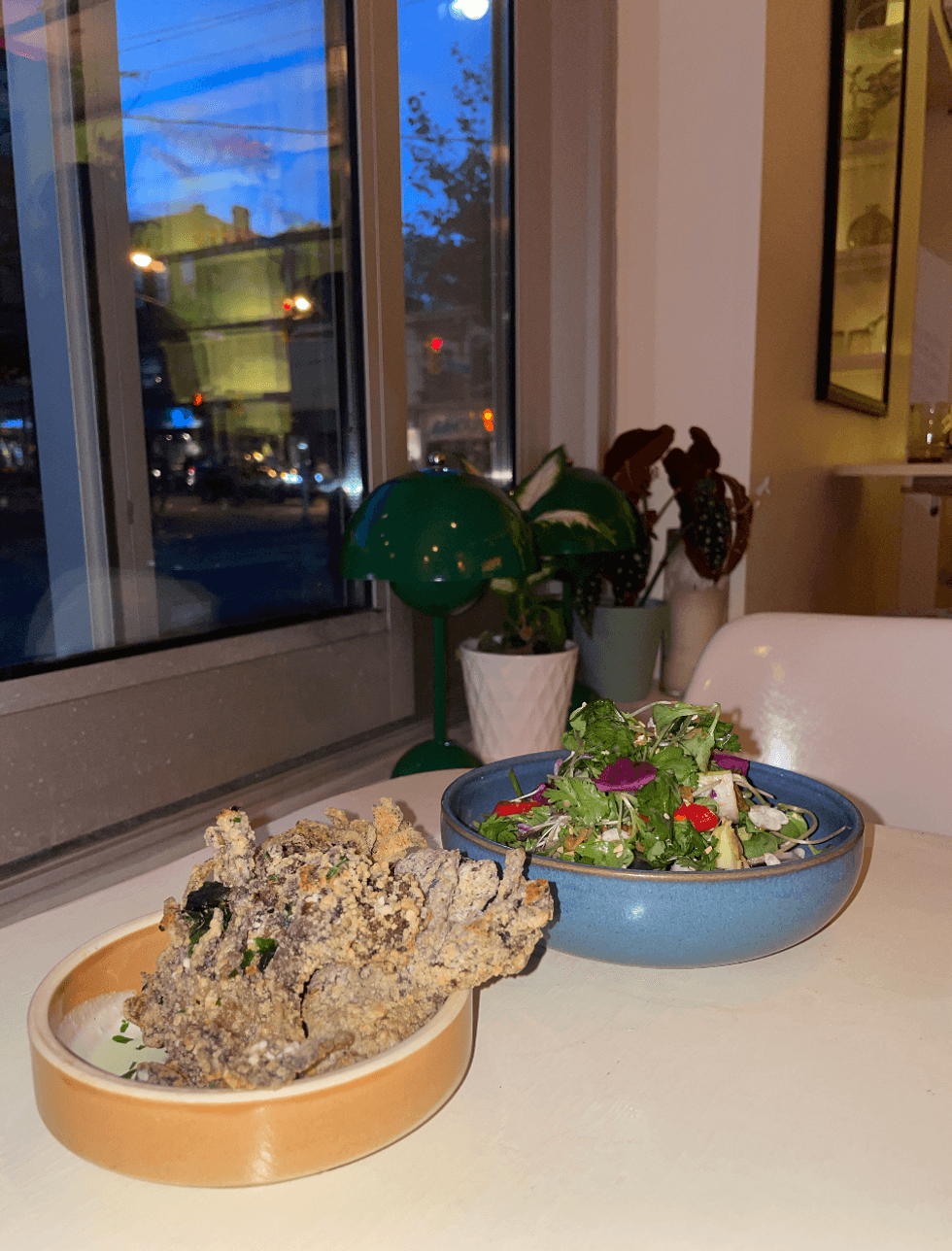 Popcorn Mushroom and new salad.