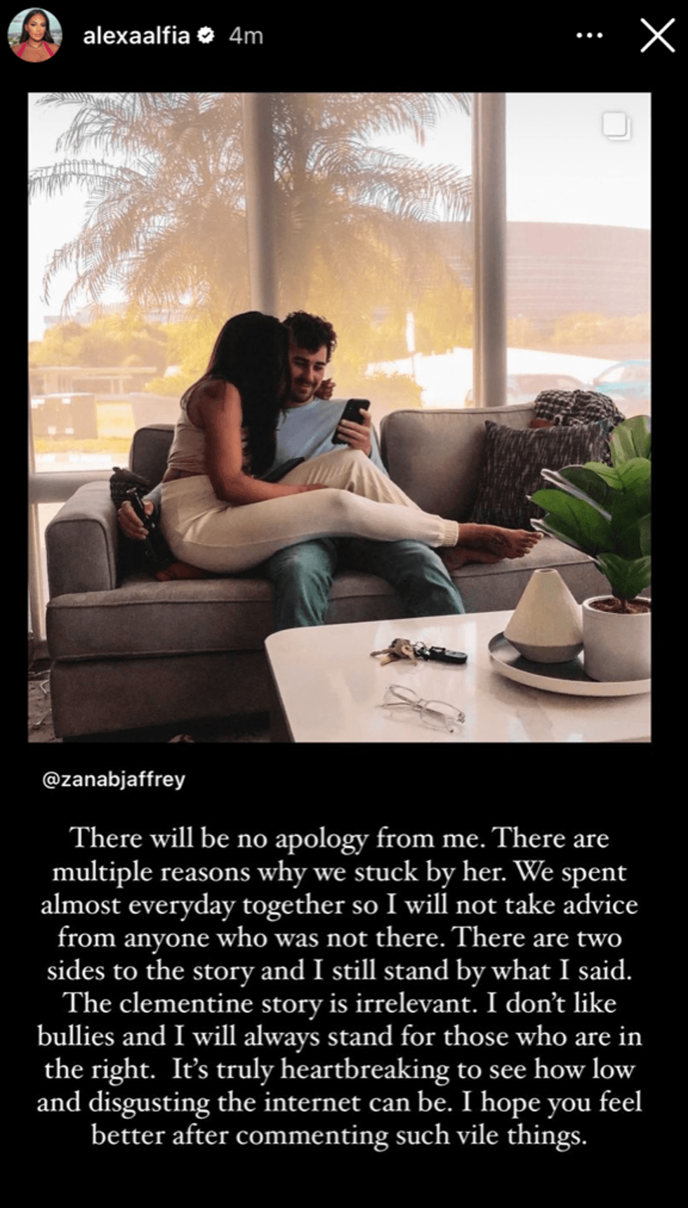 Alexa Alfia in response to Zanab Jaffrey's Instagram post.
