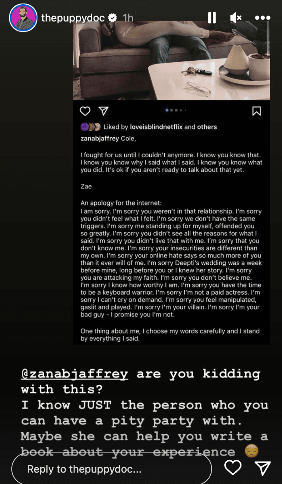 Shake Chatterjee in response to Zanab Jaffrey's Instagram post.