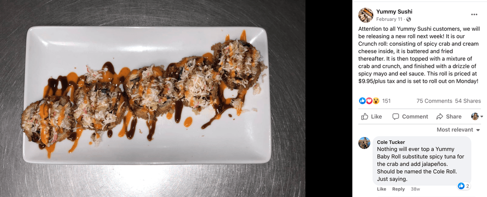 A Yummy Sushi Facebook post of the Crunch roll.