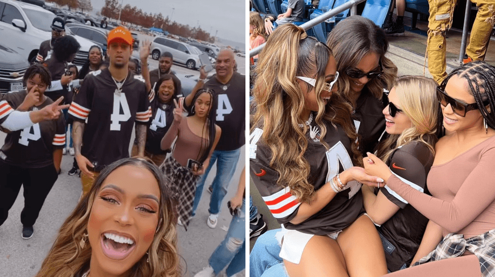 Jilly Anais and others in Deshaun Waston jerseys. Right: Anais with friends at Sunday's game.